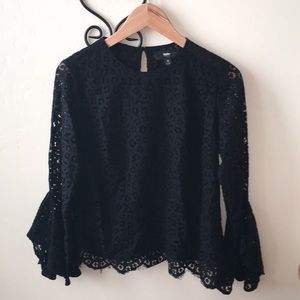Black lace lined blouse with bell sleeves